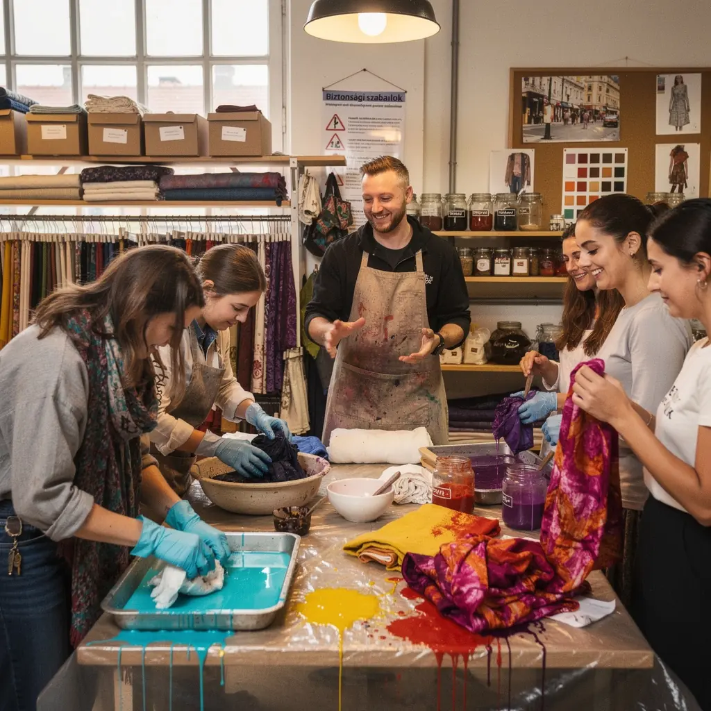 Színes szövetek és minták a ruházati gyártás folyamatában.