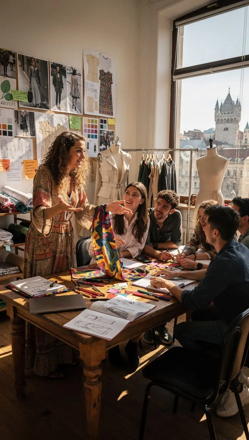 Stílusos fiatal tervezők bemutatója a divatiskola terében.